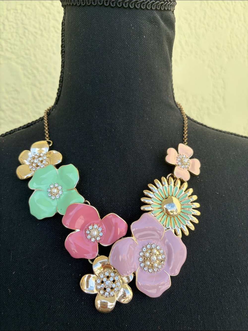 Pastel Floral Statement Necklace - Pink, Mint & Gold